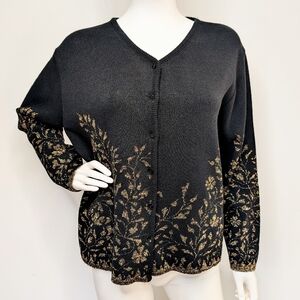 Vintage 90s Black & Metallic Gold Floral Button Up Cardigan Sweater